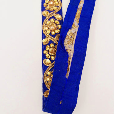 Royal Blue Silk Fabric Lace Trim Floral Embroidery & Indian Stones Kundan Embellishment, Decorative Sari Trim, Floral Border Trim By Yard